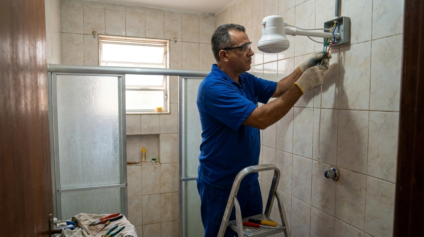 Eletricista instalando chuveiro eletrico em Cascavel‑PR